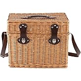 Wicker Picnic Basket, Rectangular Storage Basket with Carrying Strap for Camping Travel Party