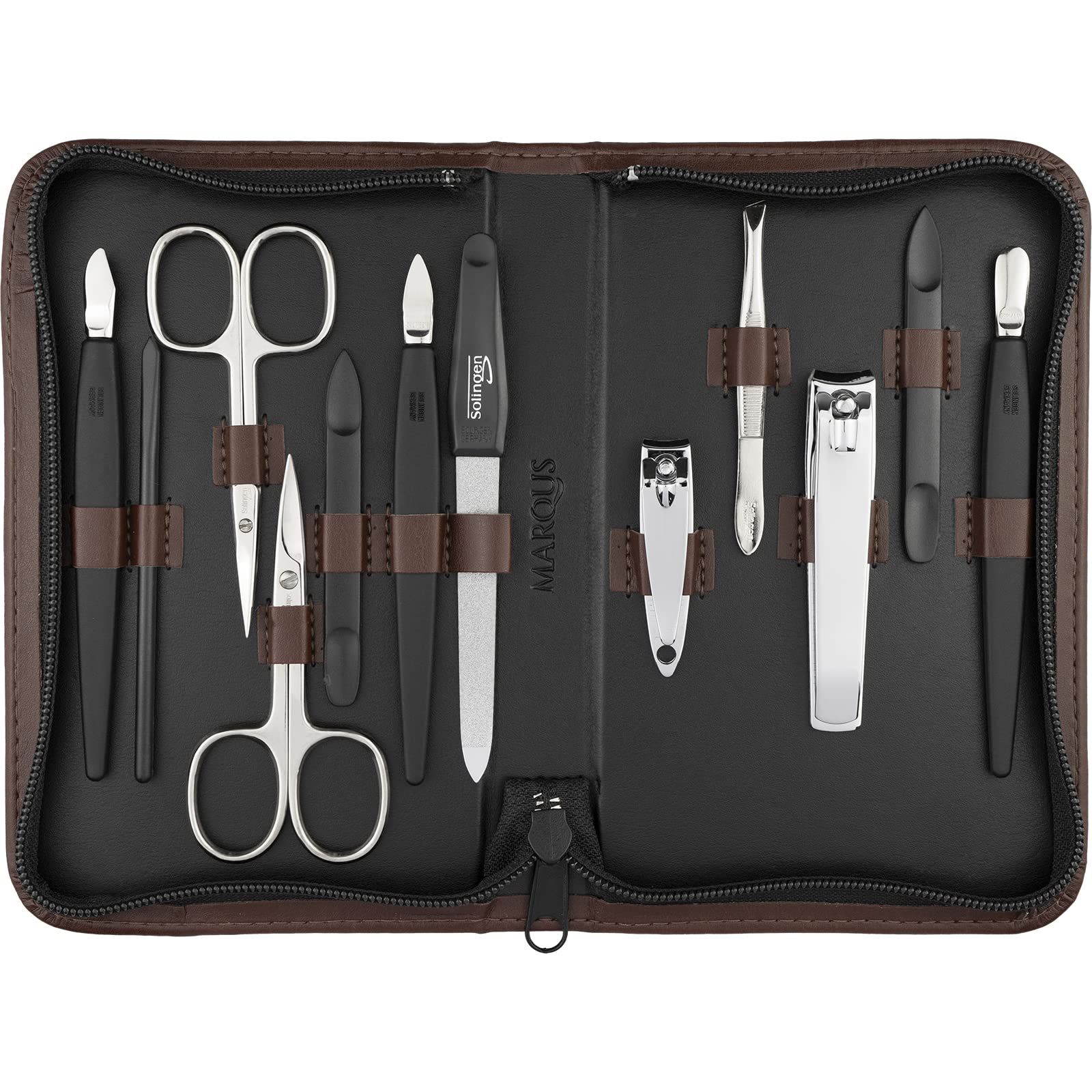 Solingen Manicure Set for Women and Men - 12 pcs kit - made in Germany incl. nailclippers & pedicure tools - Fashion leather case ideal for travelling, brown