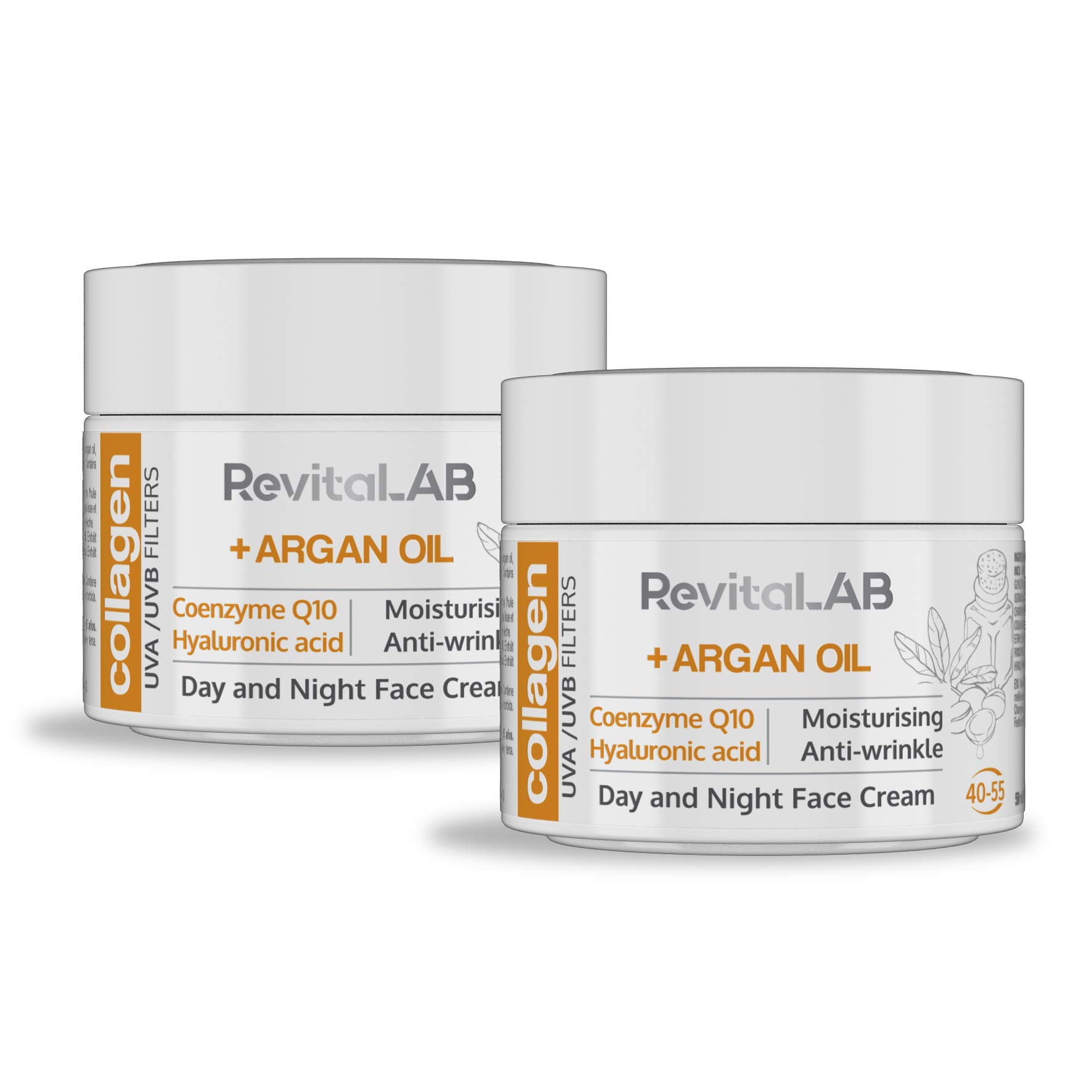 RevitaLAB Day and Night Collagen Anti-Ageing Moisturiser, Enriched with Hyaluronic Acid, Q10, Argan Oil and a UVA/UVB Filter, for Ages 40 – 55, 2x 50 ml (Multipack)