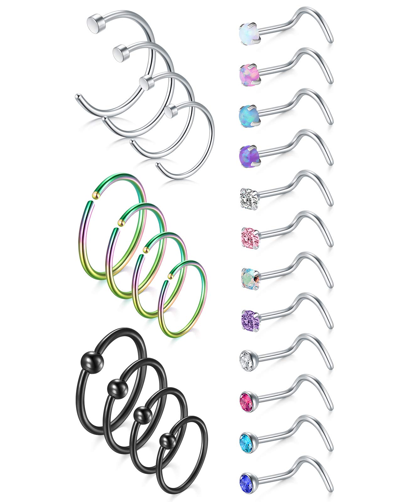 AceFun 20G Nose Rings Hoop Set: Surgical Steel Nose Studs & Screw Hoops 6/8/10/12mm, 24PCS CZ Opal Piercing Jewelry For Women & Men