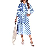 Wenrine Womens Boho Midi Dress Long Sleeve Casual Color Block Beach Button Down Shirt Dress