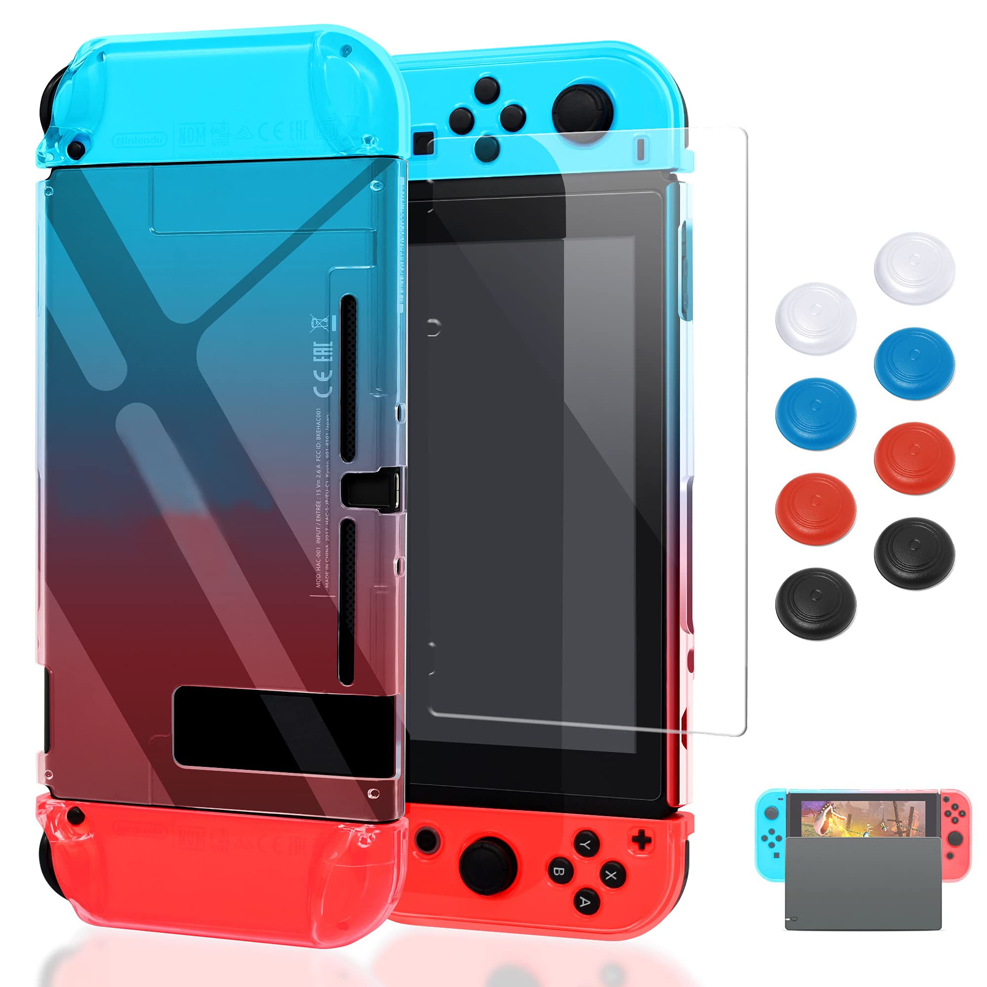 Case Compatible with Nintendo Switch, Fit The Dock Station, Protective Accessories Cover Compatible with Joy Con Controller and Console Dockable with a Tempered Glass Screen Protector, Blue & Red