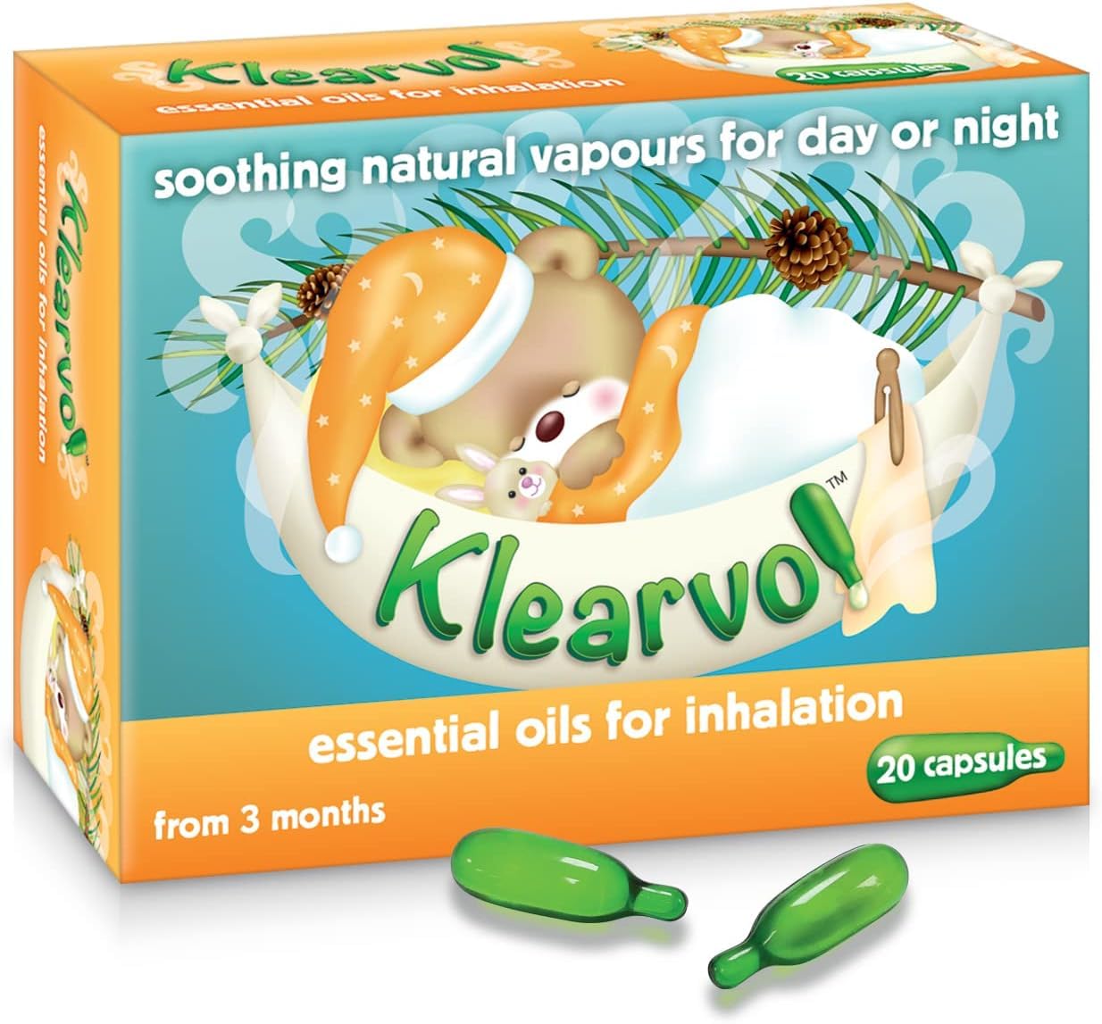 Klearvol Essential Oils Inhalation Capsules – Natural Vapour Blend for Clear Breathing and Congestion Relief – Eucalyptus, Pine & Menthol Oils - for Children of 3+ Months (20 Capsules)