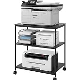 31.5" Heavy Duty Large Printer Stand with Adjustable Storage Shelf, Black | 3-Tier Printer Cart with 2 Inch Large Lockable Wheels, Fits 3D Printer, Copier &amp; Scanner, Easy Assembly, Home Office Table