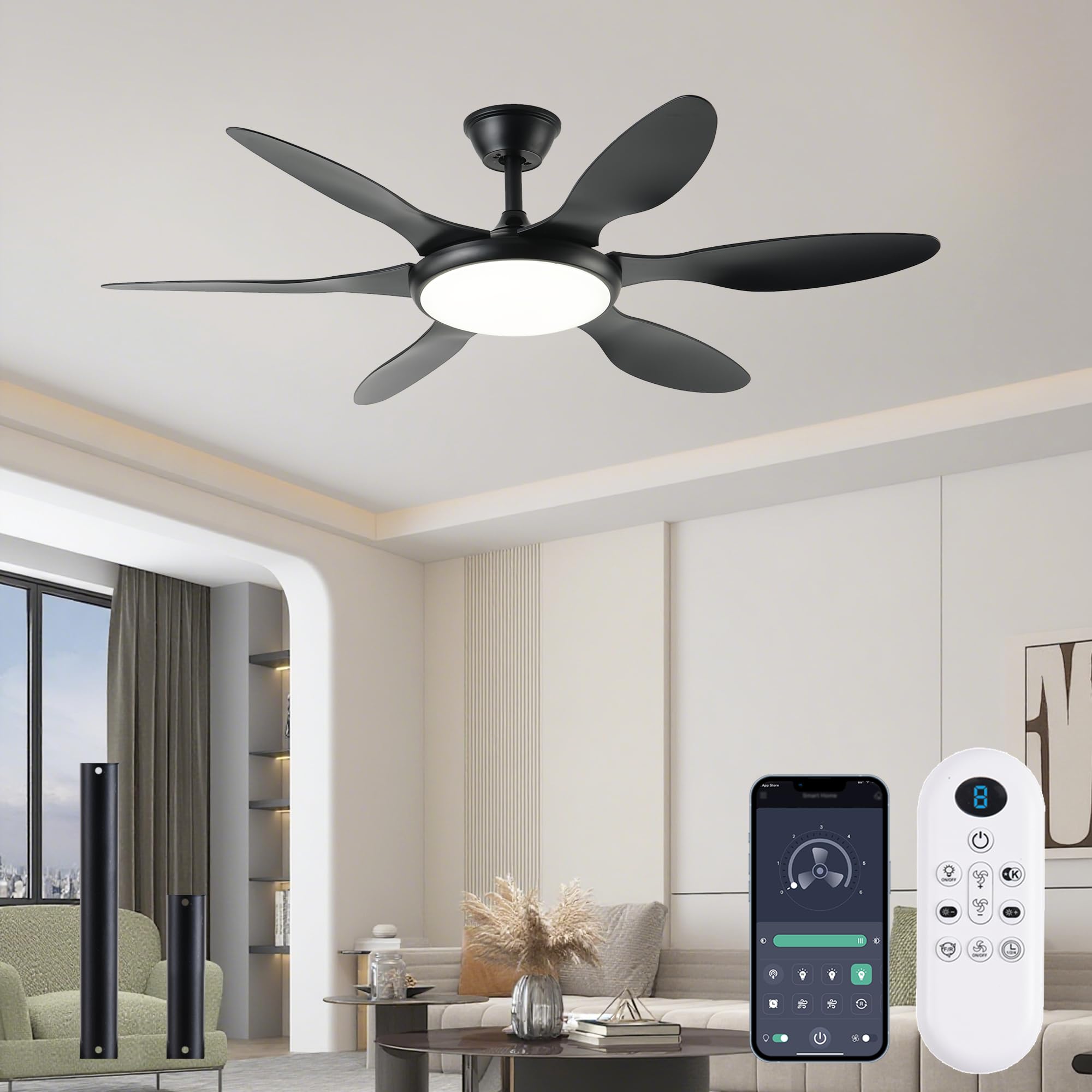Photo 1 of **Missing screws--SELLING FOR PARTS**FUMLTP Ceiling Fans with Lights, 51 Inch Ceiling Fan with Light and Remote Control, Reversible, 3CCT, Dimmable, Noiseless, LED Black Ceiling Fan for Bedroom, Living Room, Indoor/Outdoor Use
