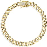 Gem Stone King 1.00 Cttw White Moissanite Curb Link Chain Bracelet For Women In 18K Yellow Gold Plated | Available In 6.5/7/7.5 Inch | With Safety Lock Clasp