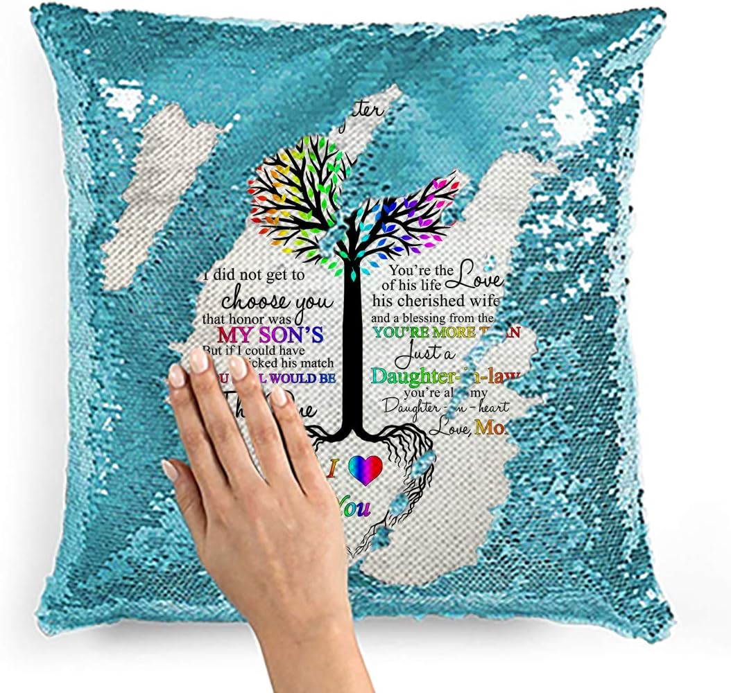 Hat Shark to My Daughter in Law Tree Heart Rainbow Sweet Flip Reversible Sequin Pillow Cover Empty DIY Throw Case Decorative Home Decor, Christmas, Birthday, Holiday (Light Blue)