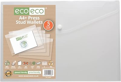 eco-eco A4 Plus 50% Recycled Clear Wallets Pack of 5 with Press Stud