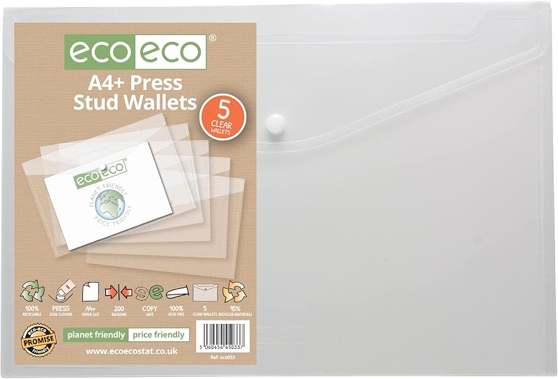 eco-eco A4 Plus 50% Recycled Clear Wallets Pack of 5 with Press Stud