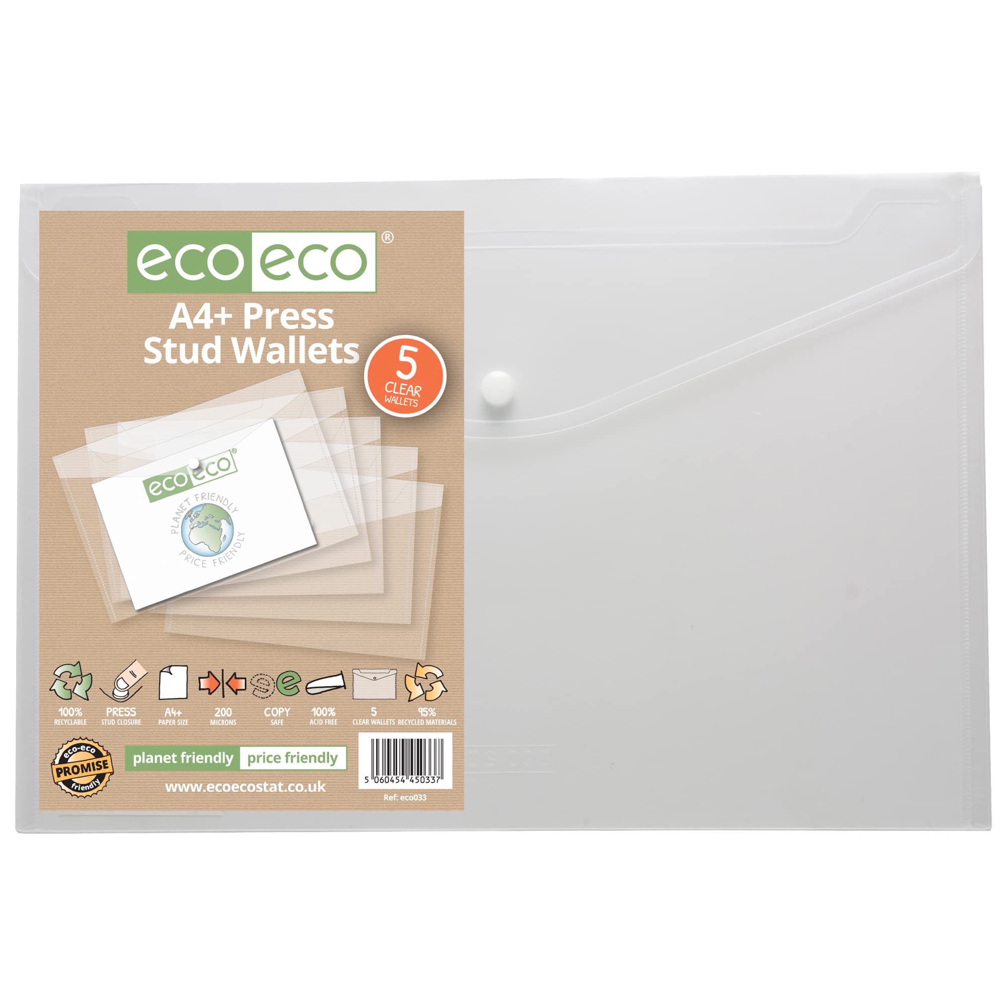 eco-eco A4+ 50% Recycled Clear Transparent Press Stud Popper Wallet, Plastic Folders (Pack of 5), eco033