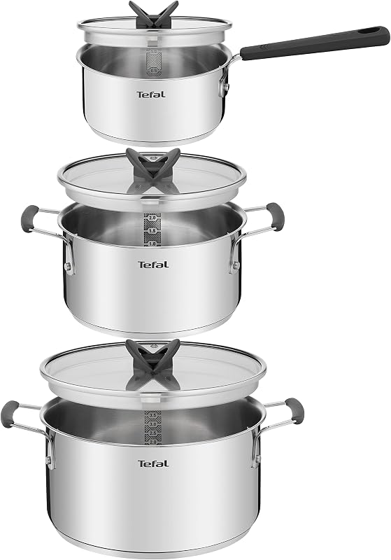 G7376S Opti'Space Topfset 6-teilig | Stielkasserolle 16 cm (inkl. Deckel) | Kochtöpfe 20/24 cm (inkl. Deckel) | Edelstahl | Thermo-Fusion-Boden | für alle Herdarten | Induktion | Grau