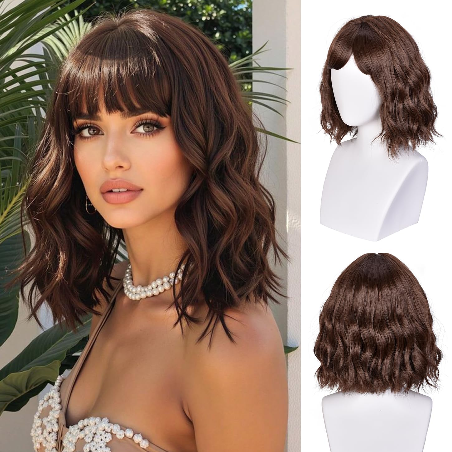 ISAMY Short Bob Wigs With Air Bangs Shoulder Length Women's Wig Bob Curly Wavy Synthetic Cosplay Wig for Girls Daily Use Colorful Wigs (Brown)