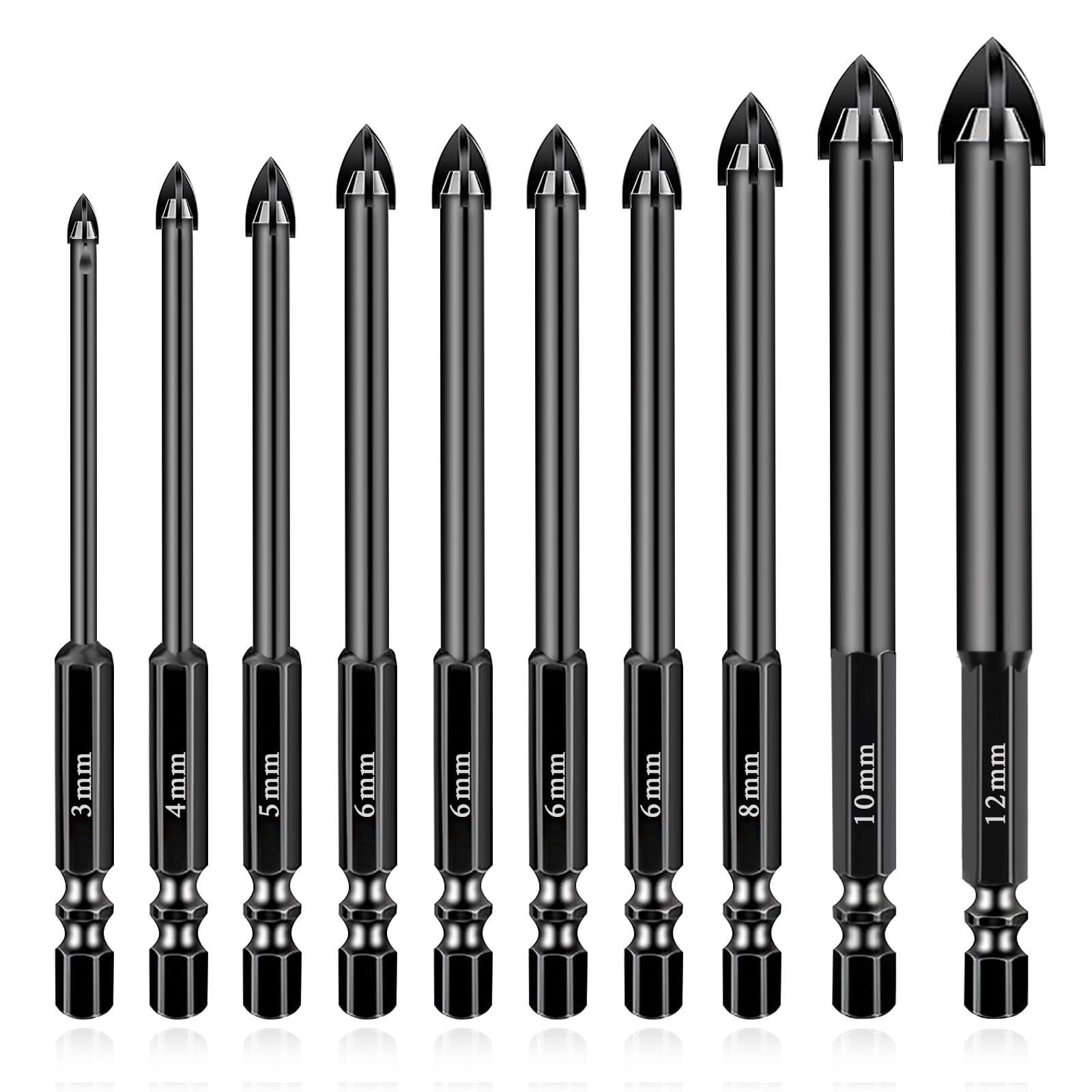 Flintronic Masonry Drill Bits, 10PCS(3, 4, 5, 6, 6, 6, 6, 8, 10,12mm) Tungsten Carbide Masonry Alloy Twist Drill Set, for Ceramic Tiles, Concrete, Brick Walls, Glass and Wood Masonry Drill Bit Kits — image 1