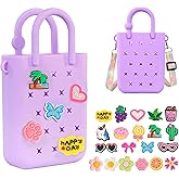 Silicone Small Rubber Beach Bag with 20 Charms, Hole Handbag With Adjustable Shoulder Strap, Girls and Woman
