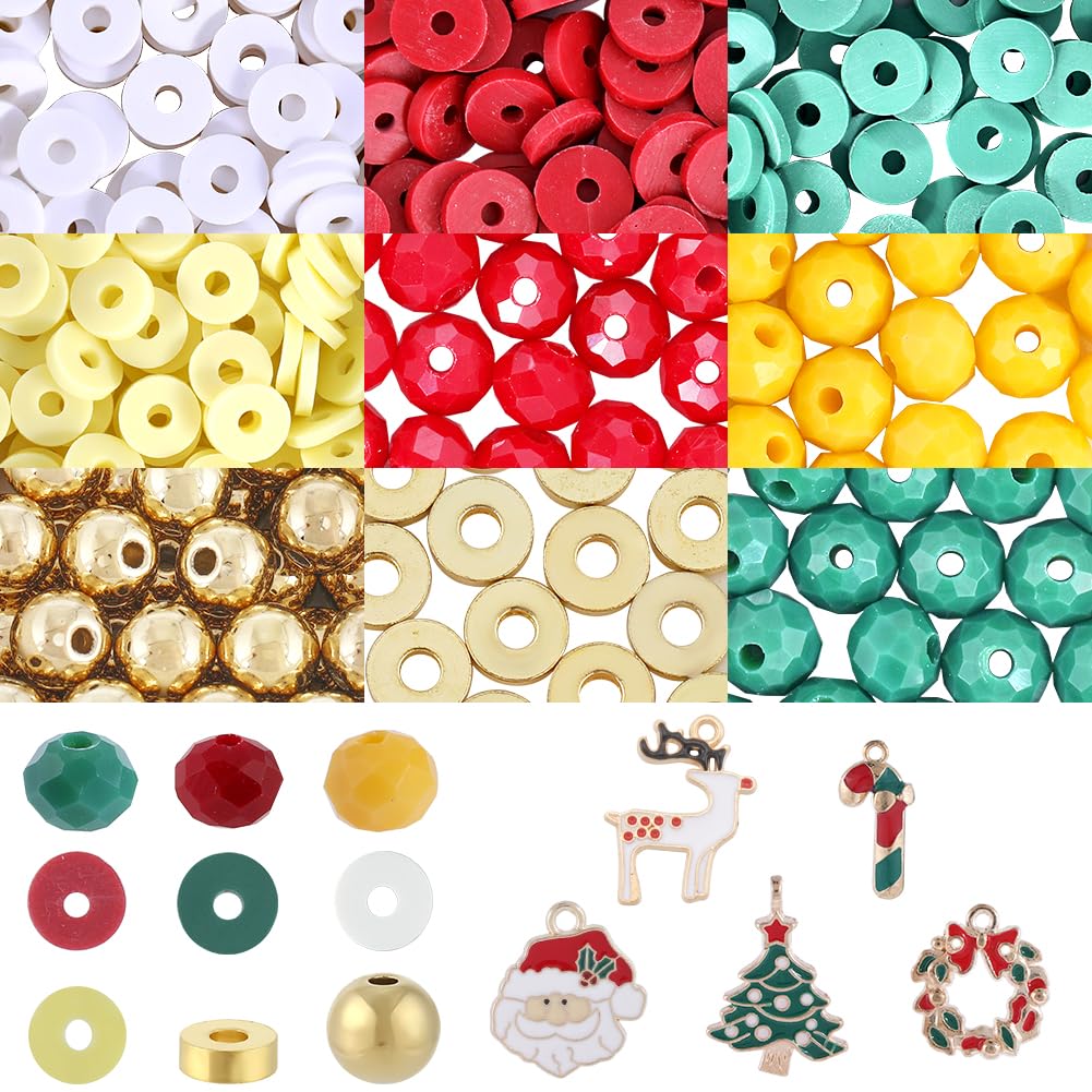 SUNNYCLUE 1 Box 841Pcs Christmas Beads Christmas Bead Charms Christmas Tree Charm Reindeer Santa Claus Charm Red Green Polymer Clay Beads for jewellery Making Kit Necklace Earrings Bracelets DIY Gift