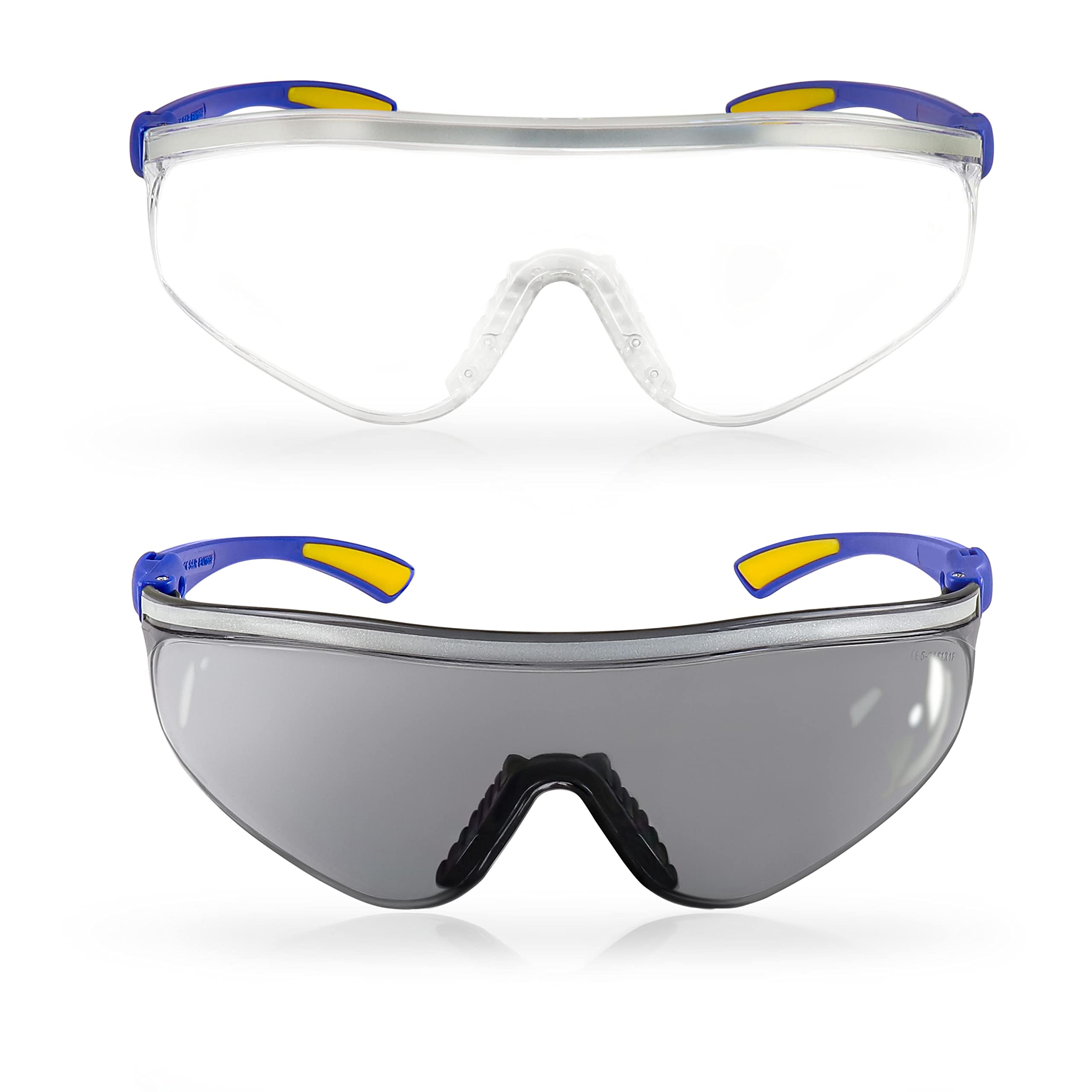 S&R Safety Glasses Set of 2 with Cleaning Cloth, Bag, Transparent and Tinted Safety Lenses, Shockproof, UV400 Protection, Adjustable Temples, EN 166, Safety Glasses