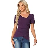 Allegra K Knit Tops for Women's Short Sleeve Irregular Neck Ruched Side Blouse