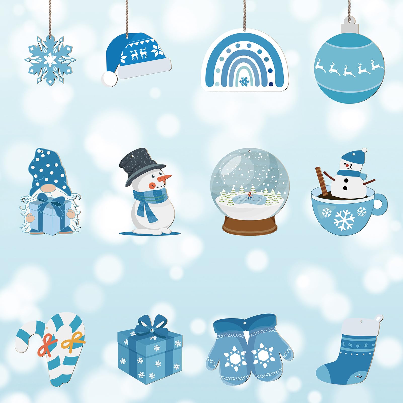 CREATCABIN 36Pcs Winter Christmas Wood Ornaments Gnome Snowman Snowflake Candy Cane Wooden Hanging Ornament Art Decor for Christmas Holiday Crafts Decorations Farmhouse Tree Home Gifts