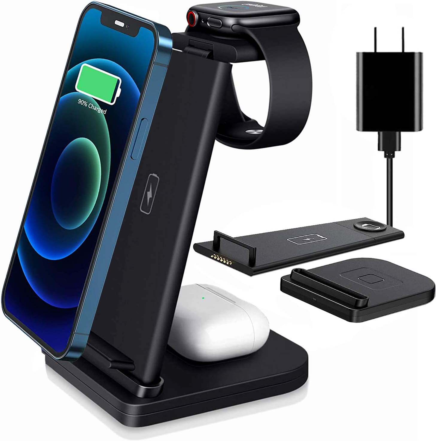 3 in 1 Wireless Charging Station, Qi-Certified 15W Fast Wireless Charger Stand for Apple Watch 5 4 3 2, AirPods Pro 2, iPhone 12 11 Pro Max Xs X Xr 8 Plus (with QC 3.0 Adapter)