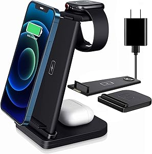 3 in 1 Wireless Charging Station, Qi-Certified 15W Fast Wireless Charger Stand for Apple Watch 5 4 3 2, AirPods Pro 2, iPhone 12 11 Pro Max Xs X Xr 8 Plus (with QC 3.0 Adapter)