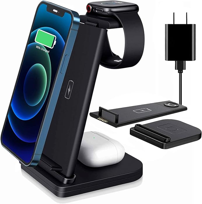 3 in 1 Wireless Charging Station, Qi-Certified 15W Fast Wireless Charger Stand for Apple Watch 5 4 3 2, AirPods Pro 2, iPhone 12 11 Pro Max Xs X Xr 8 Plus (with QC 3.0 Adapter)