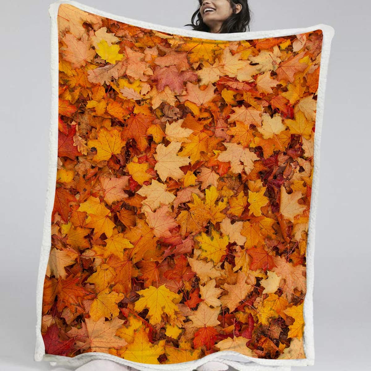 BlessLiving Autumn Leaves Reversible Sherpa Blanket Red and Orange Leaf
