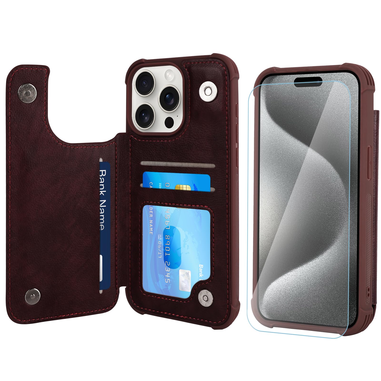 VANAVAGY Wallet Case Compatible for iPhone 15 Pro Max,Leather Flip Folio Shockproof Phone Cover Fit Magnetic Car Mount [Screen Protector Included] with Credit Card Holder, burgundy