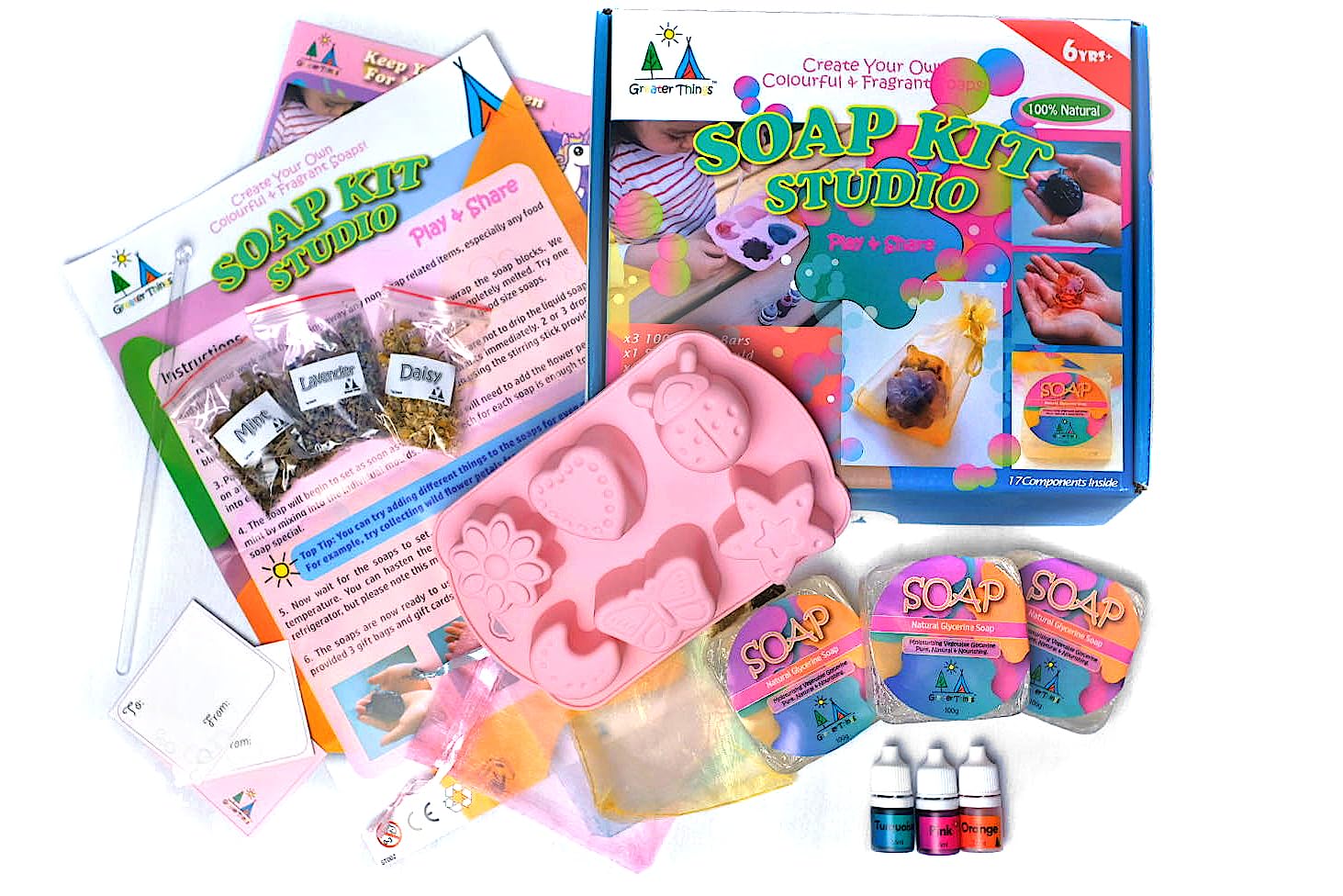 Greater Things™ Soap Kit Studio for Kids - The Fun way to Wash! (DIY make your own Soap, 3 Vibrant Colours, 3 Natural fragrant Plant ingredients, 6 different Soap shapes + more inside)