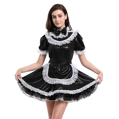 JOLINE Shiny Metallic Satin Bow Maidservant Sissy French Maid Dress ...