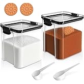 EQUNROY Airtight Brown Sugar Container 800ml/27OZ (2-Pack) Clear Storage Jars with 2 Brown Sugar Keeper, 20ml & 30ml Measuring Scoops - Stackable Kitchen Canister for Baking, Salt, Snacks