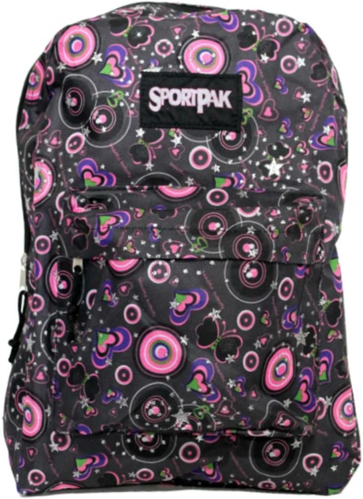 SPORTPAK Girl's Black Multi Swirl Glitter Heart & Star Backpack
