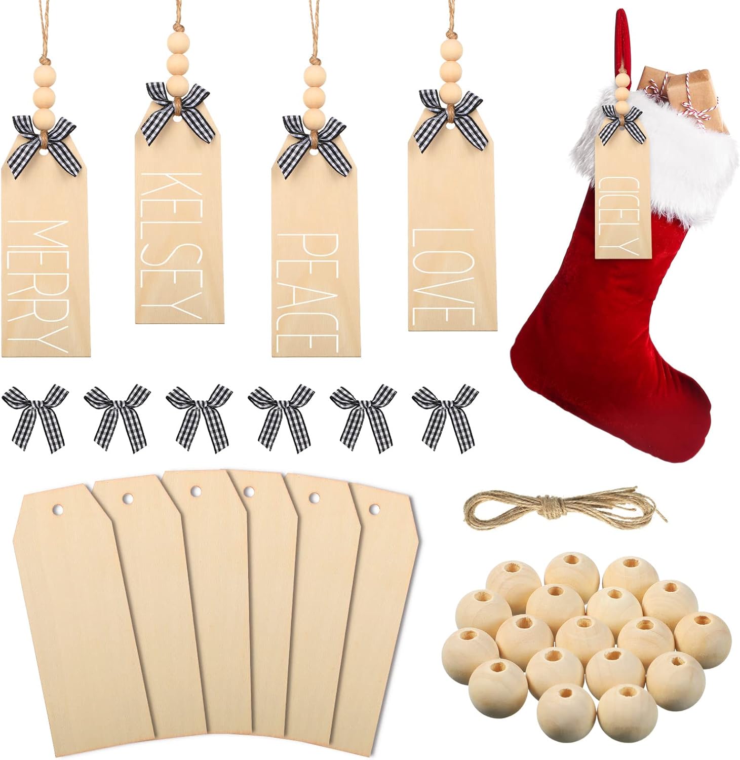 Stockings & Holders - Jetec Christmas Wood Stocking Name Tags DIY Stocking Signs Farmhouse Christmas Stocking Tag with Buffalo Check Bows for Christmas Closet Christmas Stockings Decoration (Natural Color,6 Pieces)
