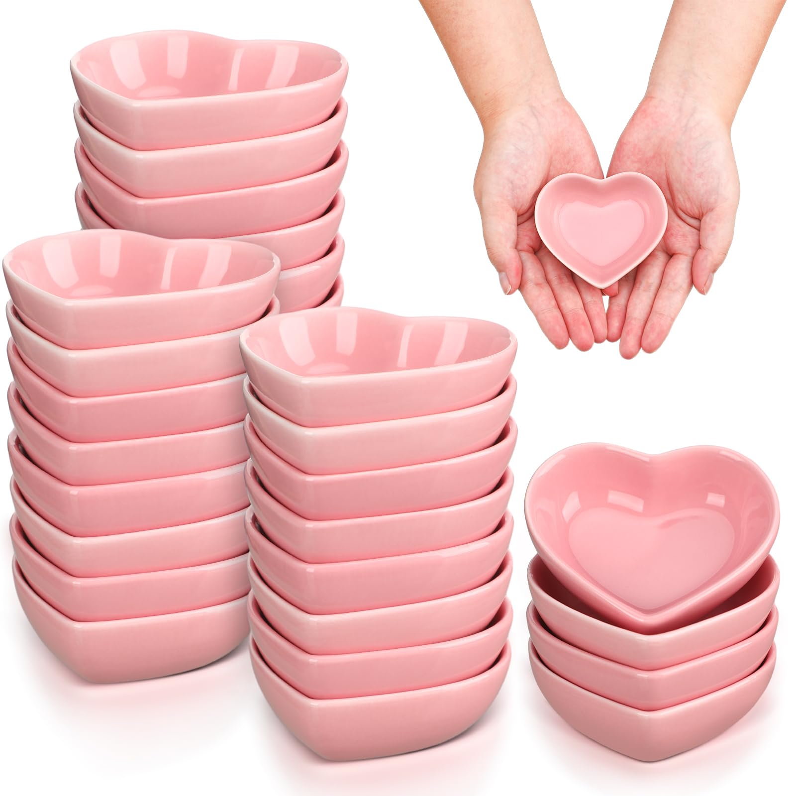 Photo 1 of Dandat 24 Pcs Heart Love Shaped Soy Sauce Dish Mini Ceramic Dipping Bowls Tiny Small Saucers Plates Cute Multipurpose Seasoning Dishes for Wedding Birthday Gifts Dip Sauce Snack Sushi Appetizer(Pink)