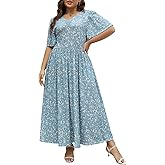 Keluummi Plus Size Wedding Guest Maxi Dresses for Curvy Women, Summer Floral 3/4 Sleeve Long Party Dresses with Pockets