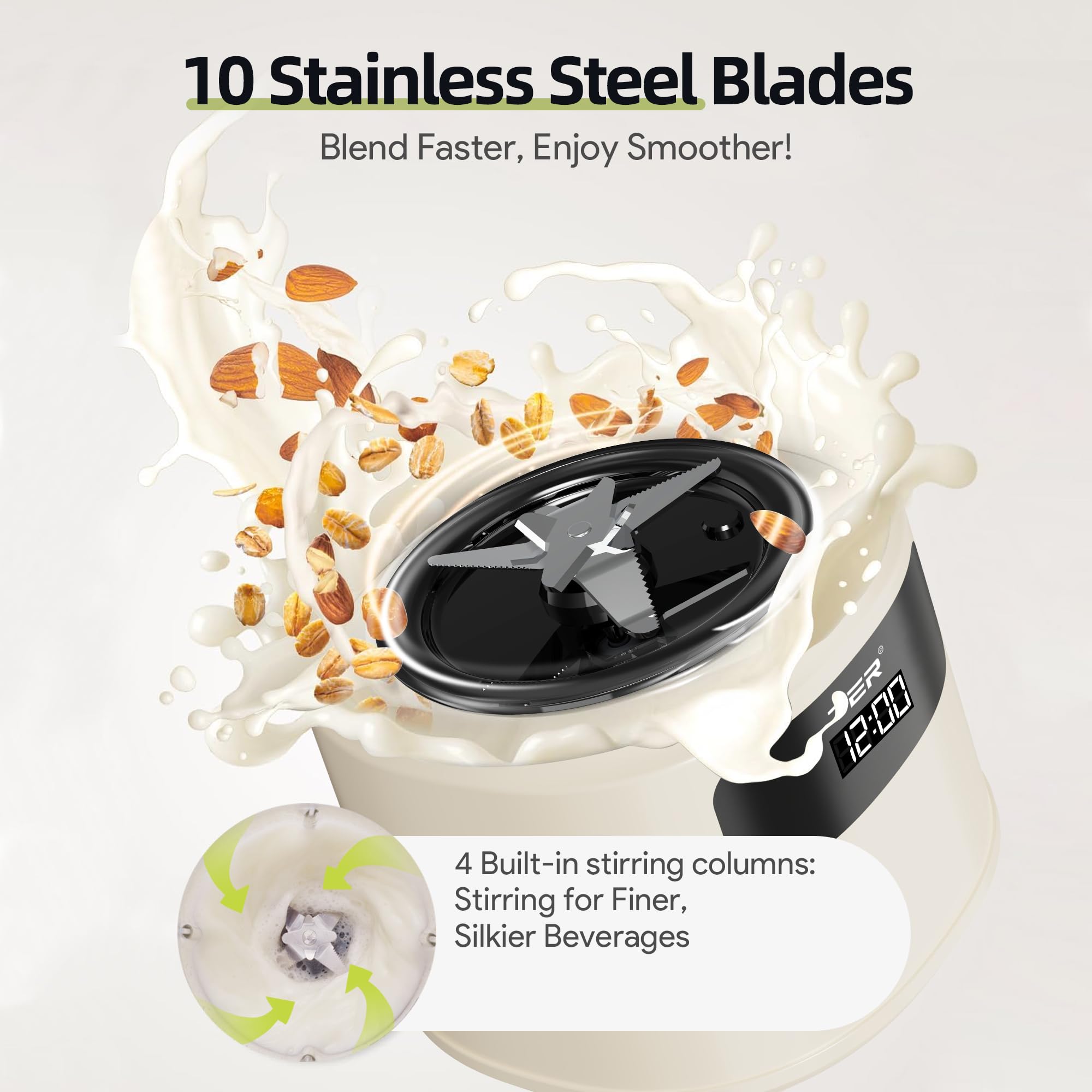 TER Máquina para hacer leche de nueces, 10 en 1 para hacer leche de soja, almendras/avena/leche de soja, jugo, batido, pasta de arroz, limpieza automática/tiempo preestablecido de 24 horas/12 horas para mantener caliente, con 7 accesorios, color beige