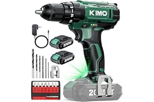 K I M O. KIMO 20V Cordless Drill Set with 2 Packs 2.0Ah Battery, Max 350 In-lb Torque, 1350 RPM, 3/8" Keyless Chuck, 18+2 Clutch Setting, 18pcs Accessories, Power Drill for Drilling Wood Bricks Walls Metal