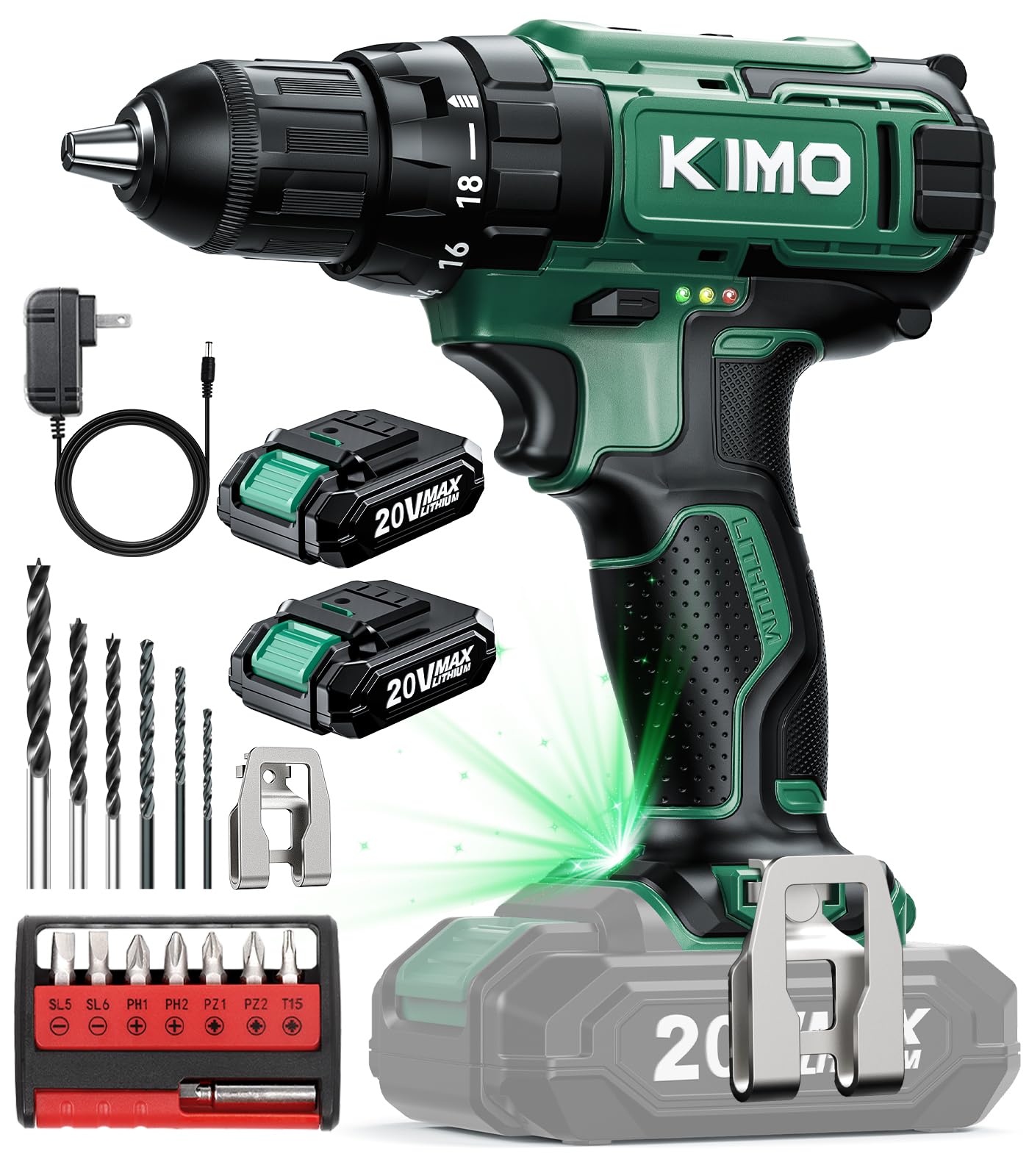Photo 1 of KIMO 20V Cordless Drill Set with 2 Packs 2.0Ah Battery, Max 350 In-lb Torque, 1350 RPM, 3/8" Keyless Chuck, 18+2 Clutch Setting, 18pcs Accessories, Power Drill for Drilling Wood Bricks Walls Metal