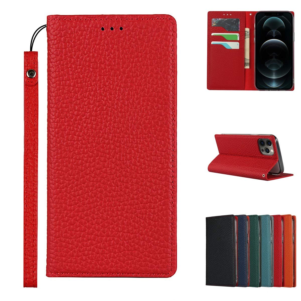 Copmob Case Compatible for iPhone 12 Pro Max With Card Holder With Strap,Genuine Leather Flip Wallet Case,[3 Slots][Magnetic Closure][RFID-Blocking],Phone Case Cover for iPhone 12 Pro Max - Red