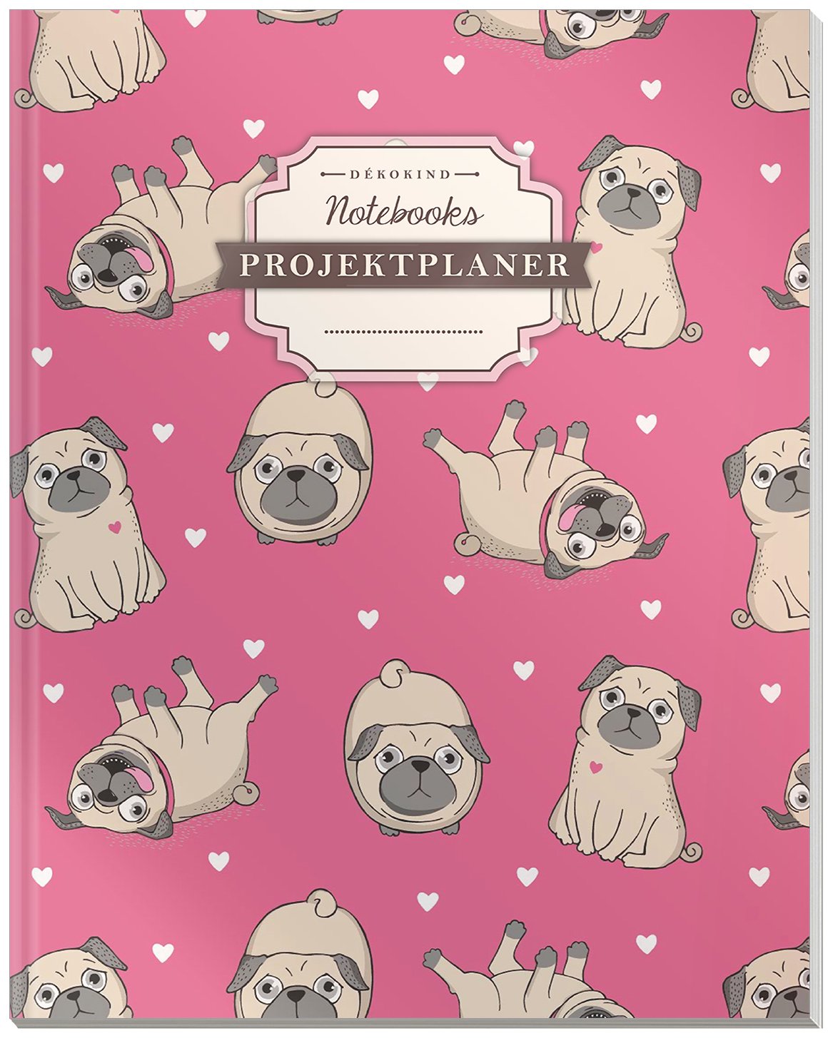 DÉKOKIND Projektplaner | DIN A4, 100+ Seiten, Register, Kontakte, Vintage Softcover | Für über 50 Projekte geeignet| Motiv: Mops Welpen