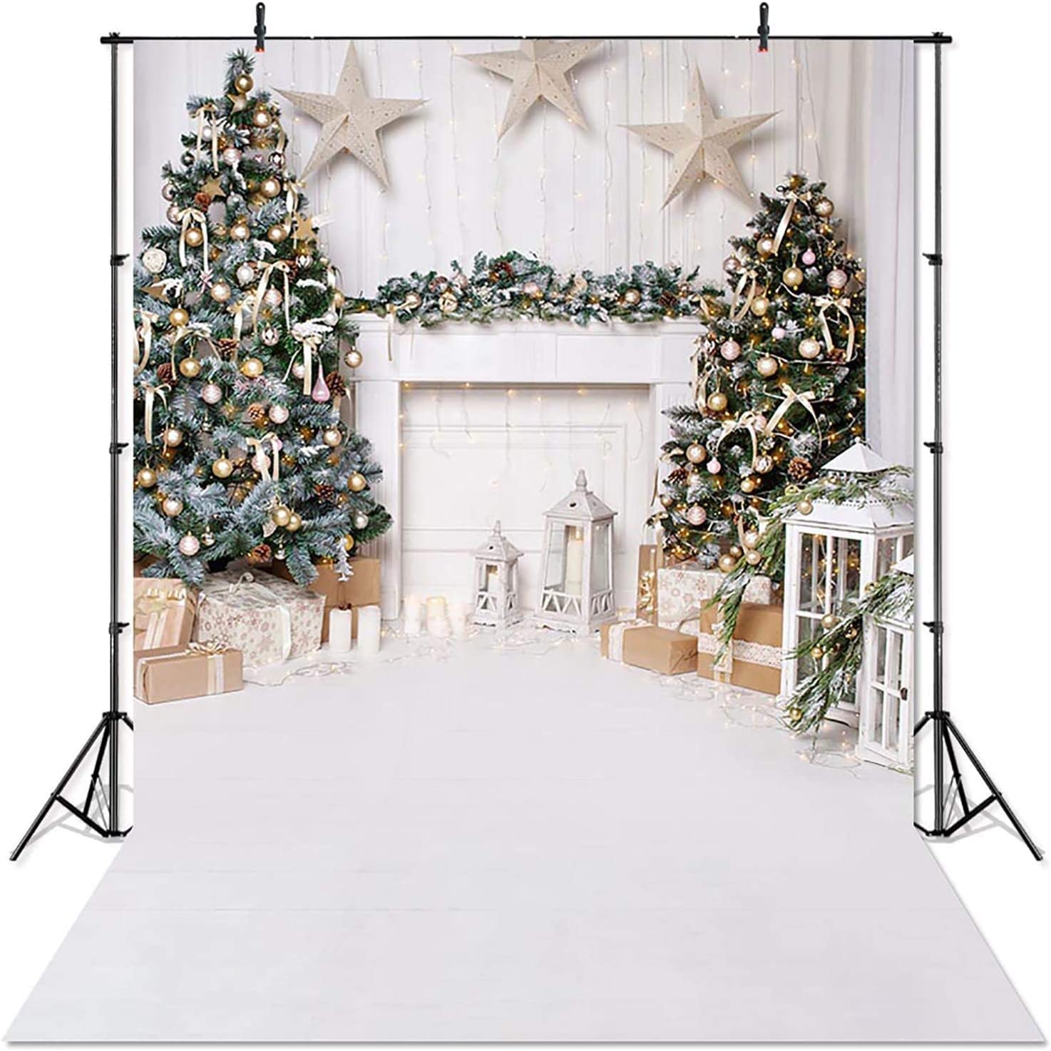Avezano Christmas Photography Backdrop for Children Kids Portrait Photoshoot Indoor White Fireplace Wood Floor Xmas Background for Photo Studio (6x8ft)