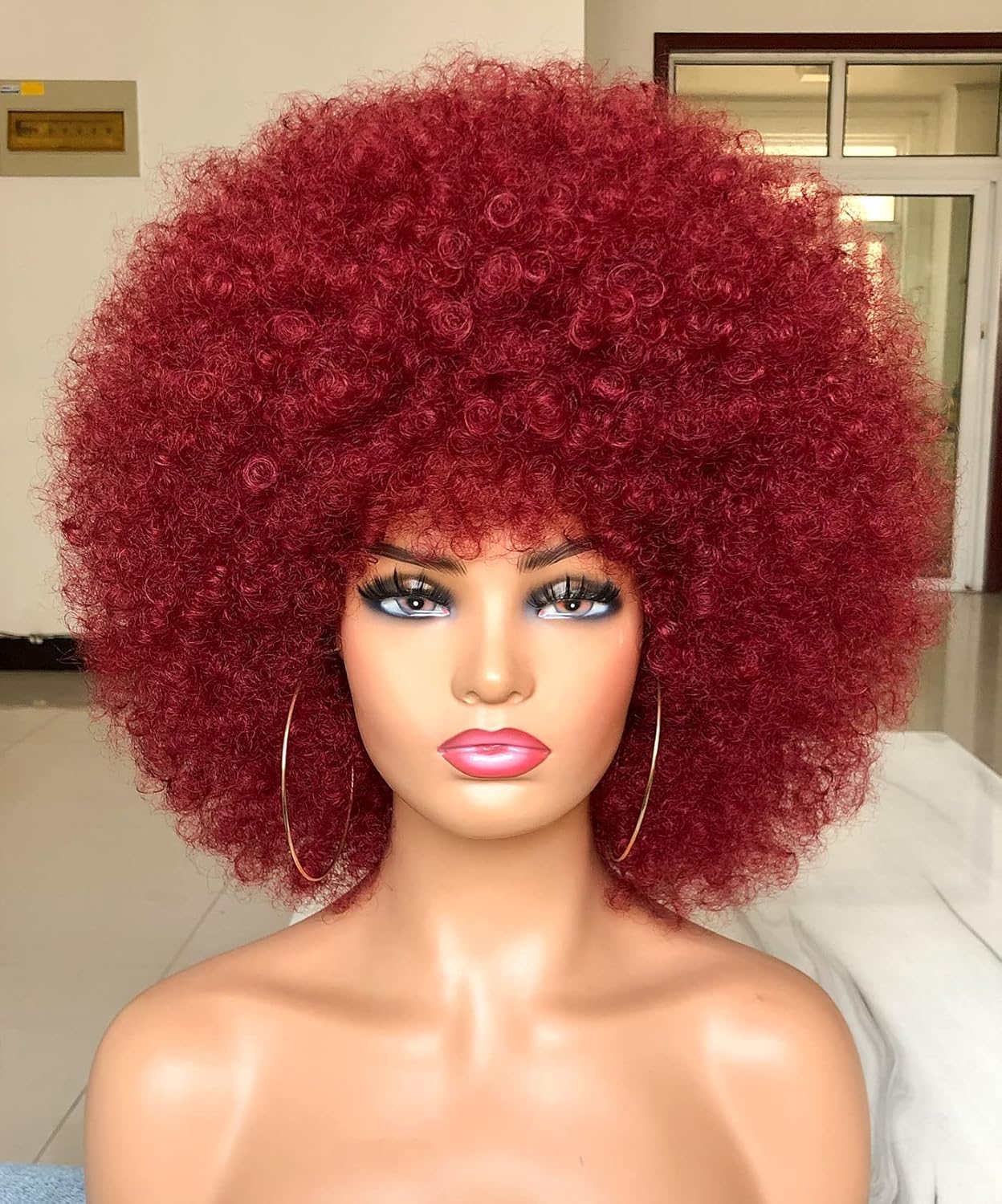 ISAMY 70's Afro Wigs for Black Women Short Curly Afro Kinky Wig Bouncy Huge Fluffy Puff Wigs Premium Synthetic for Cosplay and Daily (Red)