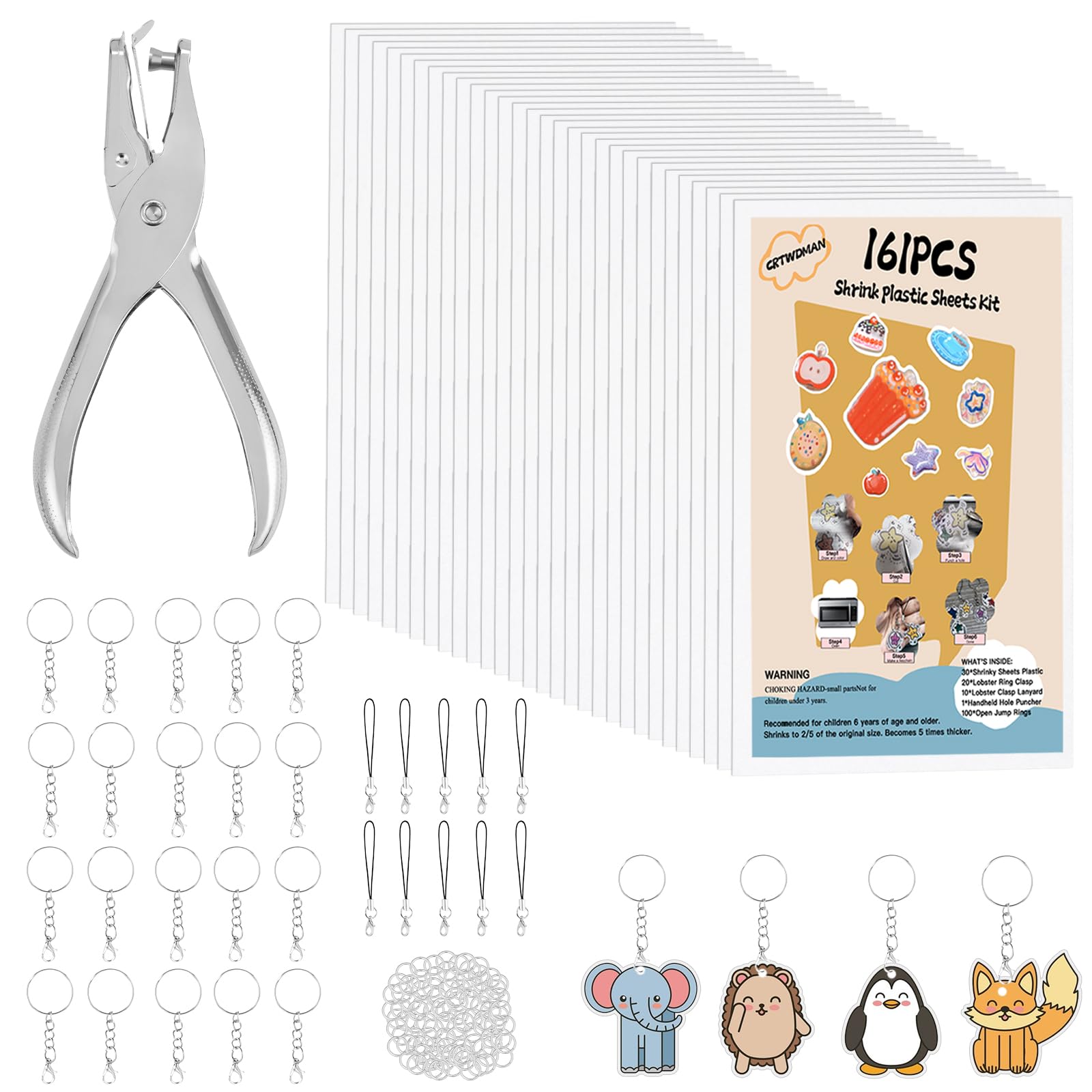 Photo 1 of 161 Pcs Shrink Paper Keychain Kit,with 30 Pcs Shrinky Plastic Sheets 7.9"x5.7",Hole Punch,Lobster Clasps,Jump Rings DIY Crafts for Adults and Teens