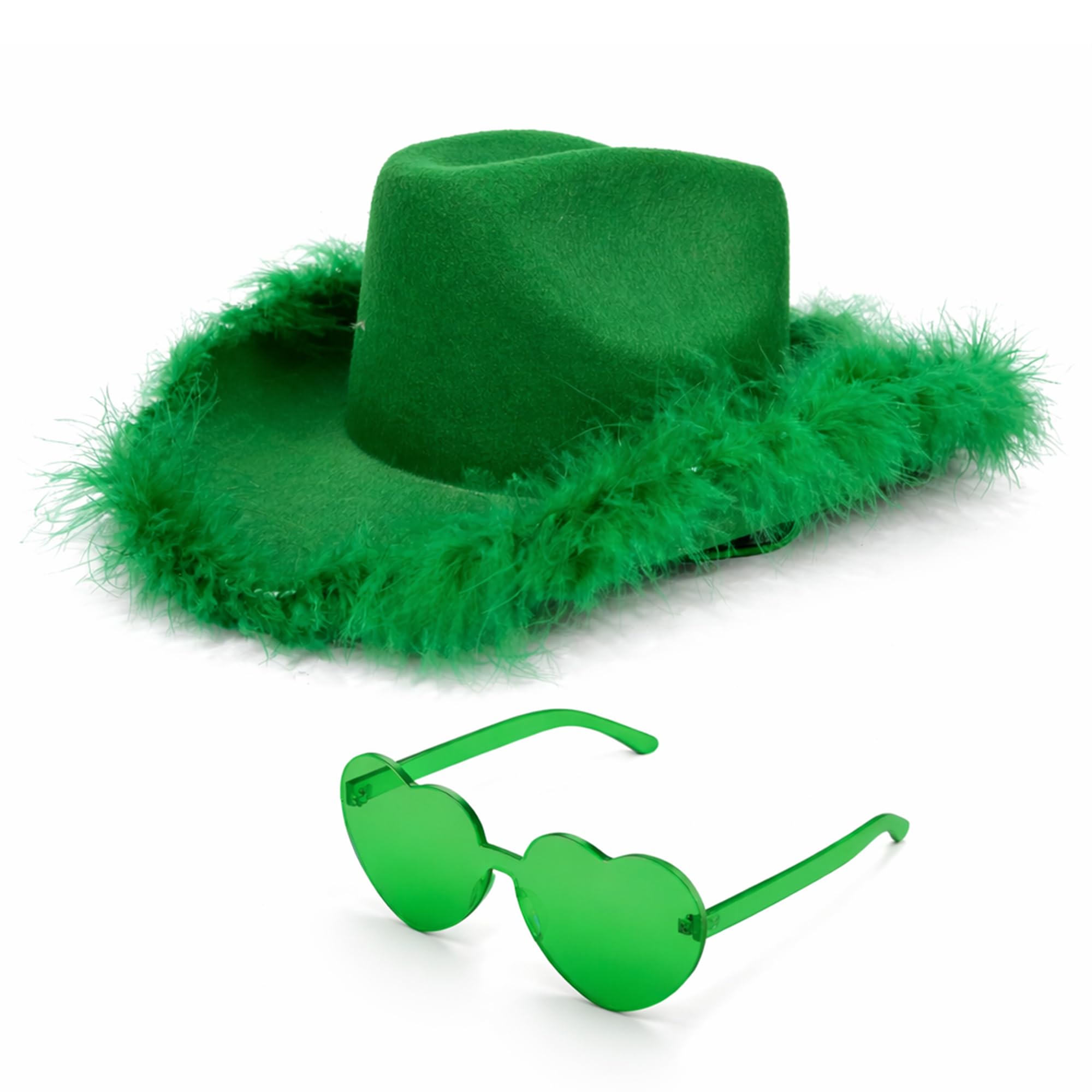 Photo 1 of 4E's Novelty Cowboy Hat with feathers With Heart Shaped Sunglasses for Women, Cowgirl Hat for Women Party Dress Up Green St Patricks Day Hat