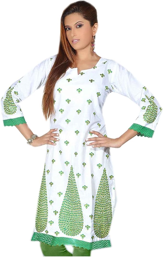 Jayayamala Modische Weiße Farbe Lange Tunika mit Grüner Farbe übergeben