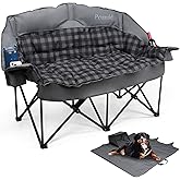 Double Camping Chair Padded Loveseat Camping Couch, Oversized 2 Person Camp Chairs with 2 in 1 Carry Bag, Heavy Duty Folding Lawn Chair Sofa with Cup Holders for Adults Patio Backyard Beach, Gray