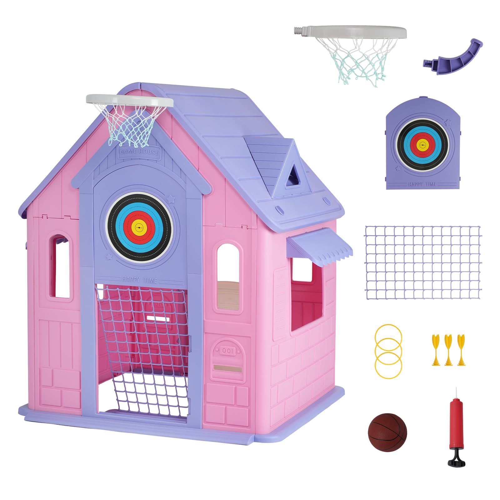 Photo 1 of ** USED ** Kids Cottage Playhouse with Magnetic Dartboard, Basketball Hoop, Ring Toss & Soccer Goal – Indoor & Outdoor Playhouse