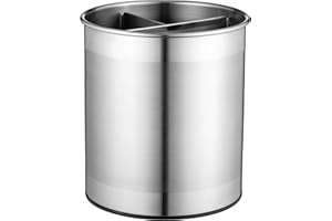 FineDine Rotating Utensil Crock with Weighted Base for Stability, Stainless Steel Utensil Caddy with Removable Divider, Brushed Stainless Steel