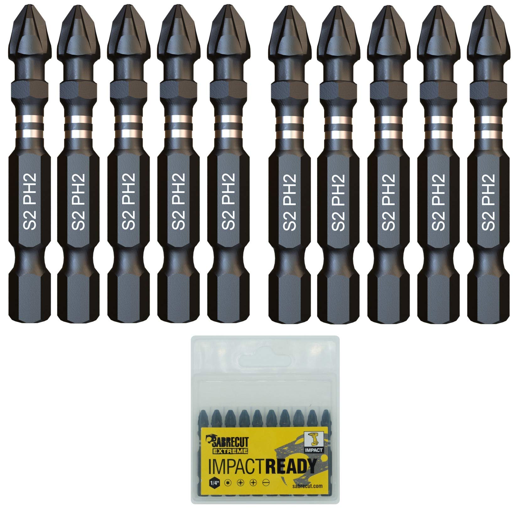 10 x SabreCut SCPH250_10 50mm PH2 Impact Screwdriver Driver Bits Set Single Ended Phillips No.2 Heavy Duty Including Storage Box