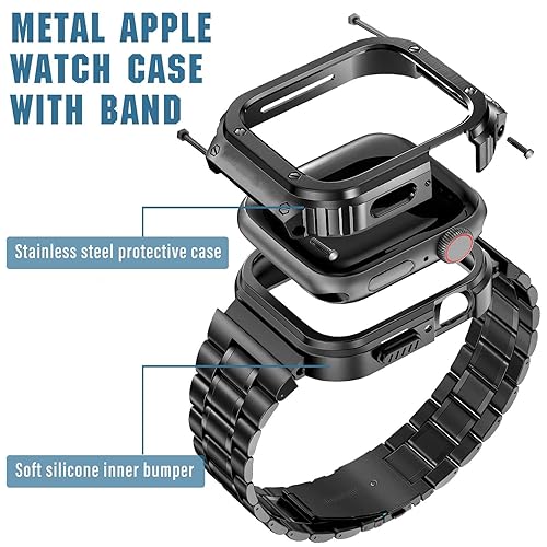 MioHHR Stainless Steel Watch Band with Case Apple Watch Bands 44/45mm MioHHR Black Metal Band for Apple Watch 41&frasl;40&frasl;38mm, Stainless