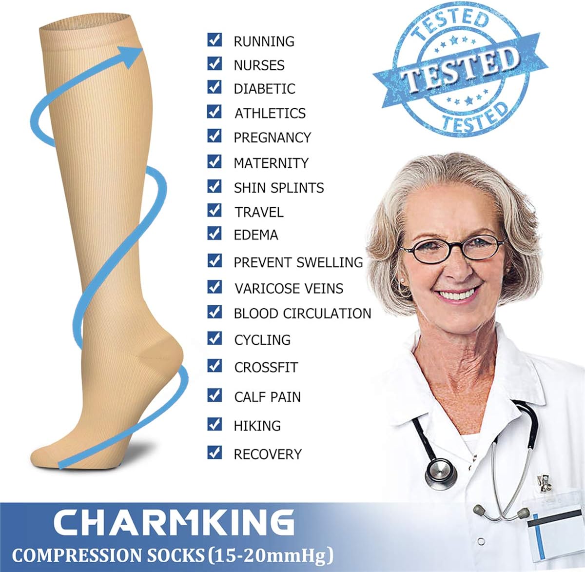 CHARMKING Compression Socks for Women & Men Circulation (3 Pairs)15-20 mmHg is Best Support for Athletic Running Cycling: Clothing